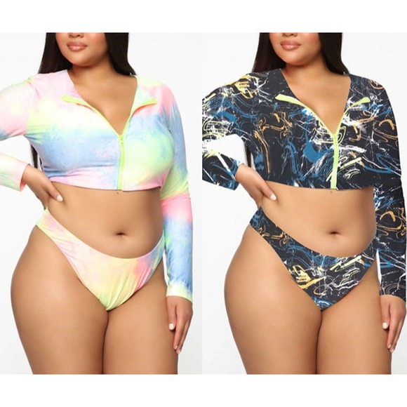 Bikini Long Sleeve Zipper Swimsuit Plus Size Colorful Sexy Plus Size Swimsuit - Picture 4 of 9